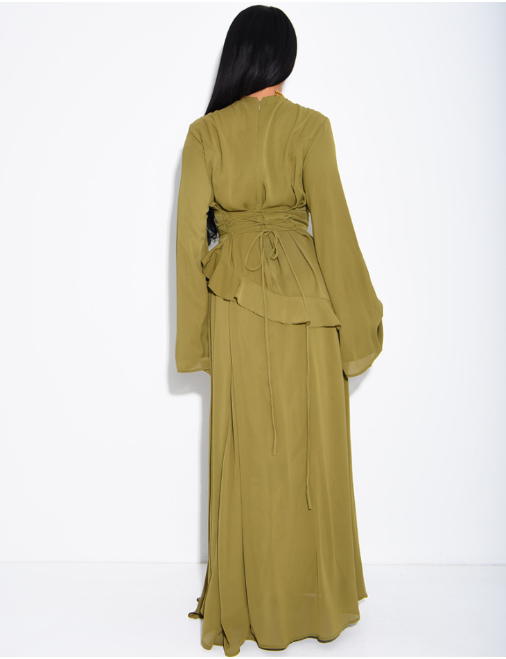 Modest voile dress with ruffles and a lace-up back