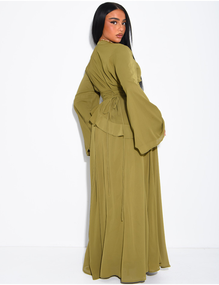 Modest voile dress with ruffles and a lace-up back