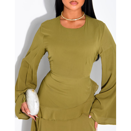 Modest voile dress with ruffles and a lace-up back