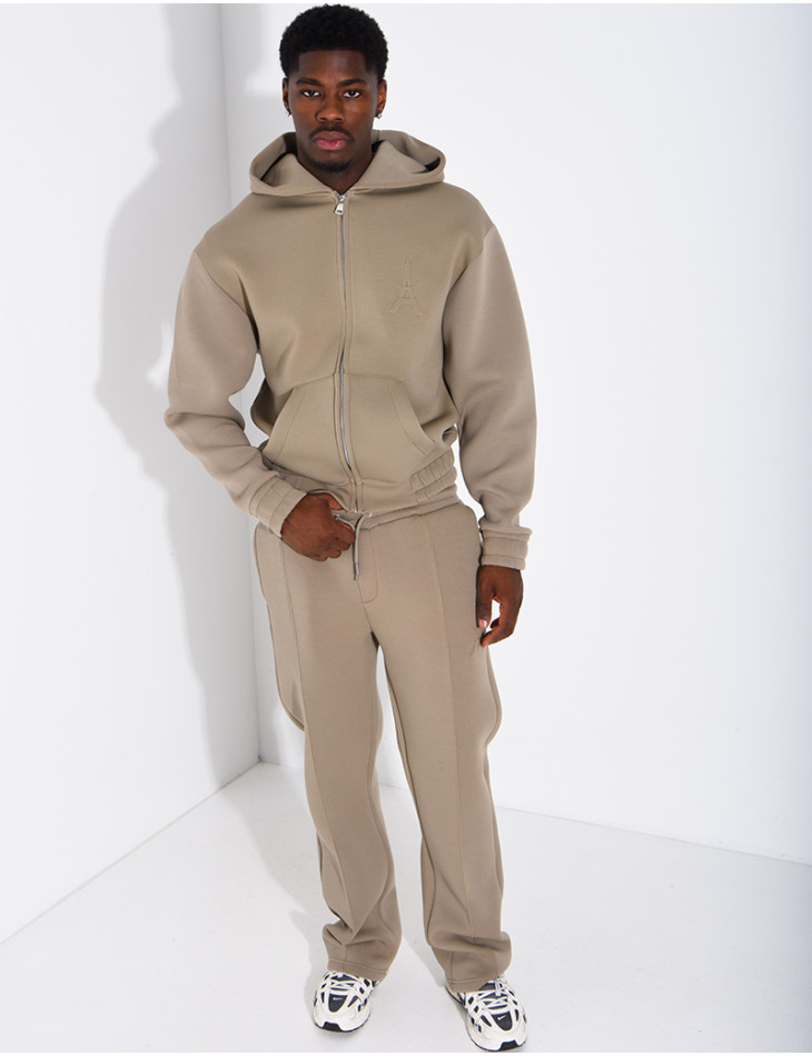 Pants and hooded jacket set with embossed Eiffel Tower design