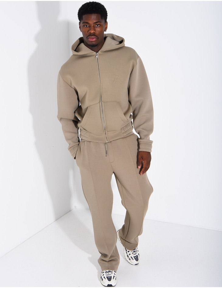 Pants and hooded jacket set with embossed Eiffel Tower design