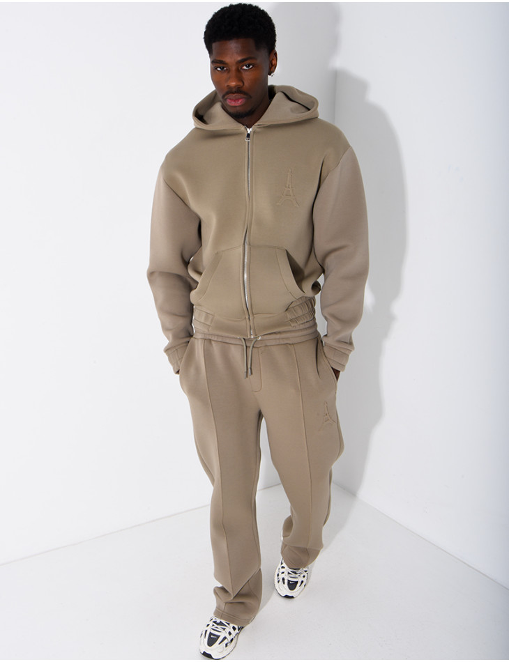 Pants and hooded jacket set with embossed Eiffel Tower design