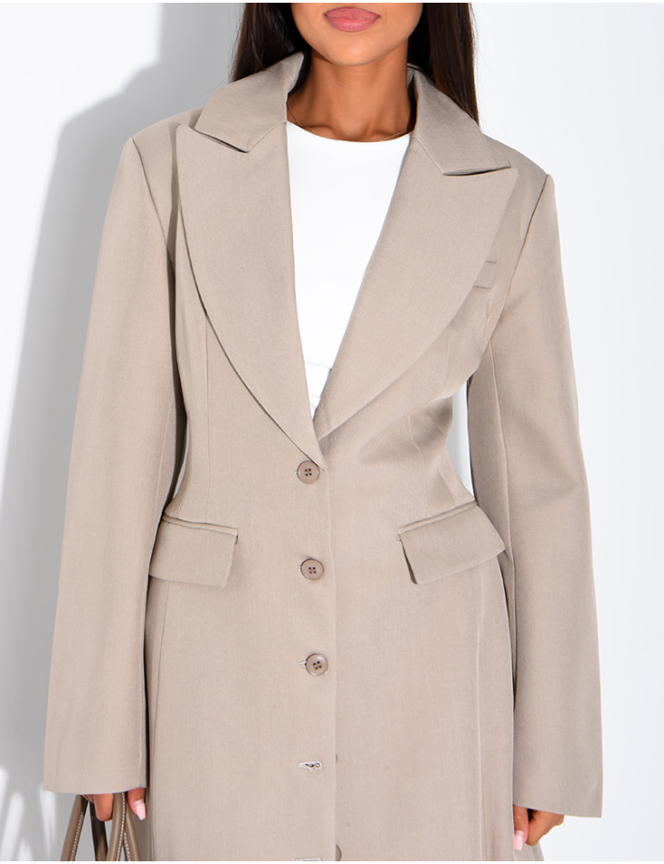 Blazer manteau très long et cintré à boutons