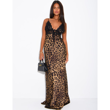 Langes Kleid aus Satin mit Leopardenmuster und Spitze