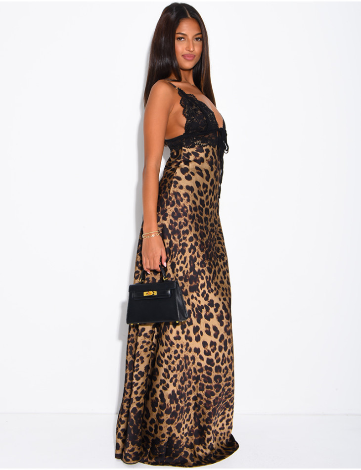 Langes Kleid aus Satin mit Leopardenmuster und Spitze