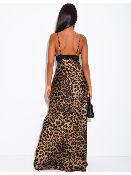 Langes Kleid aus Satin mit Leopardenmuster und Spitze