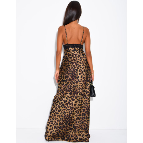Langes Kleid aus Satin mit Leopardenmuster und Spitze