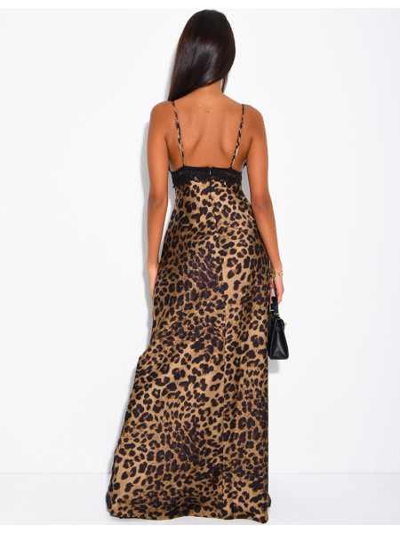 Langes Kleid aus Satin mit Leopardenmuster und Spitze