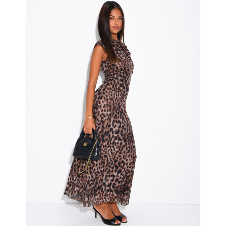 Ärmelloses, gerüschtes Maxikleid aus Leoparden-Mesh