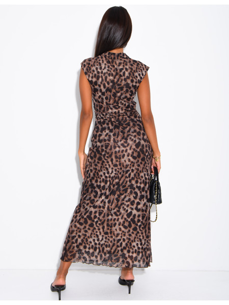 Ärmelloses, gerüschtes Maxikleid aus Leoparden-Mesh