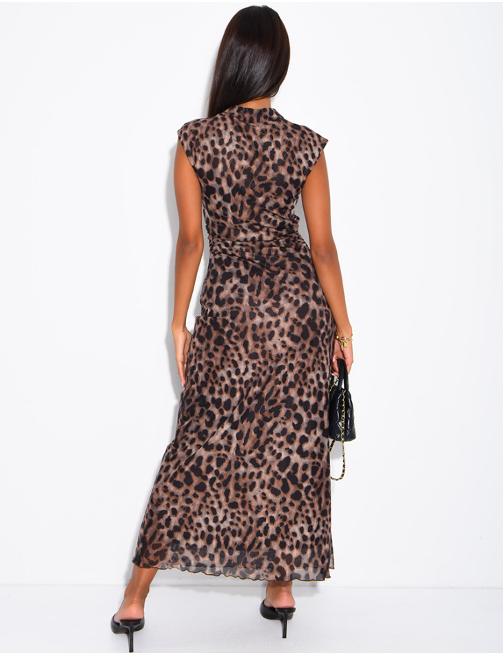 Ärmelloses, gerüschtes Maxikleid aus Leoparden-Mesh