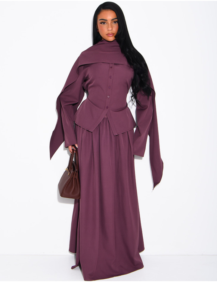 Ensemble châle, chemise et jupe longue évasée