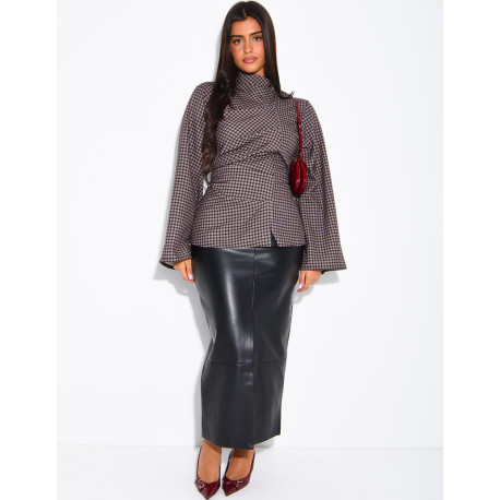 Blouse col montant plissé à carreaux