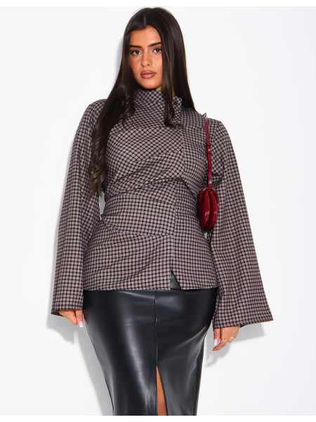 Blouse col montant plissé à carreaux