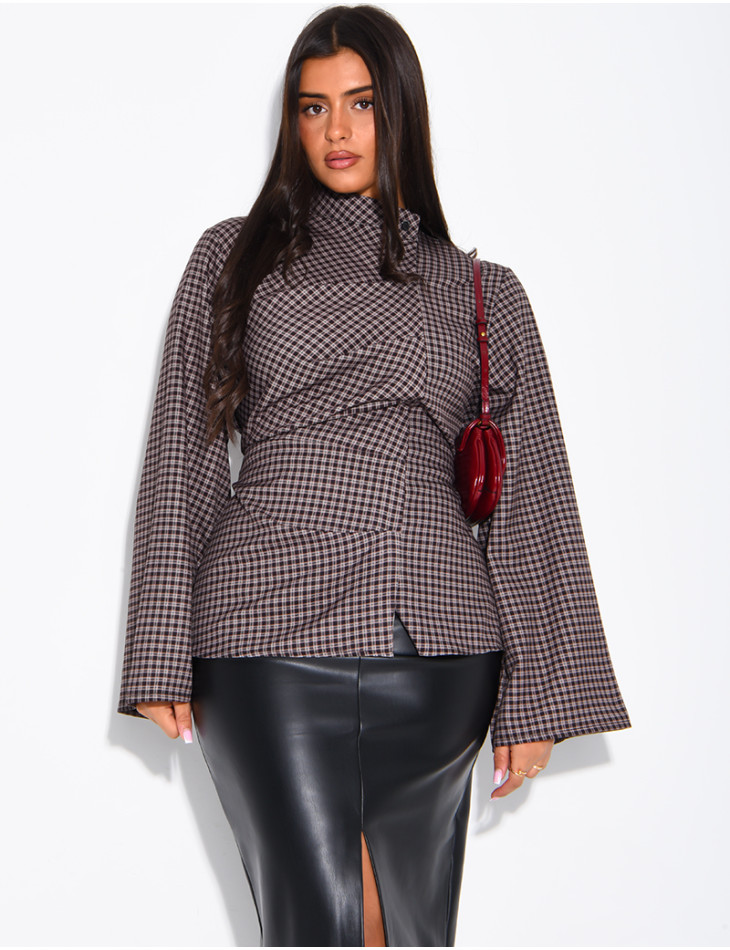 Blouse col montant plissé à carreaux
