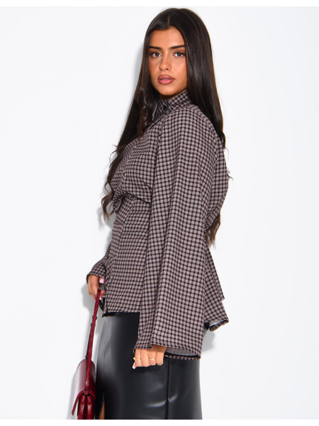 Blouse col montant plissé à carreaux