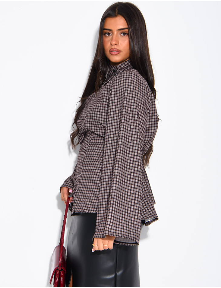 Blouse col montant plissé à carreaux