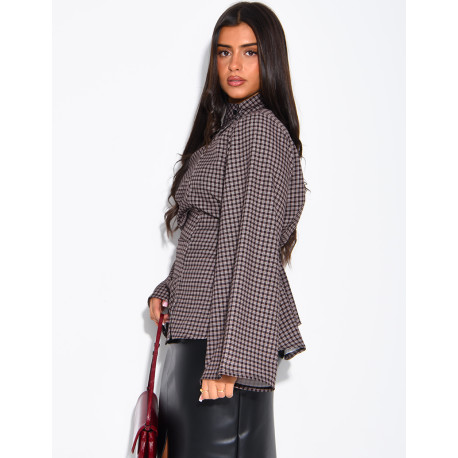 Blouse col montant plissé à carreaux