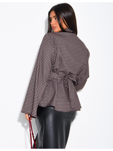 Blouse col montant plissé à carreaux