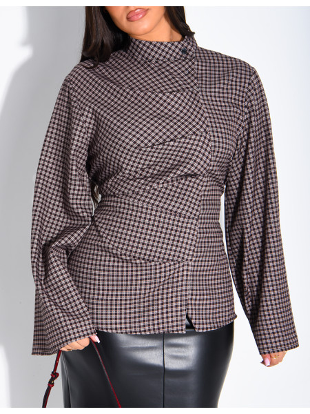 Blouse col montant plissé à carreaux
