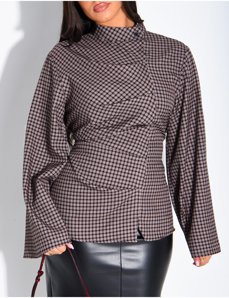 Blouse col montant plissé à carreaux