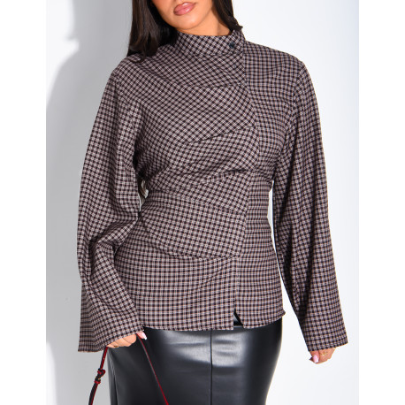 Blouse col montant plissé à carreaux
