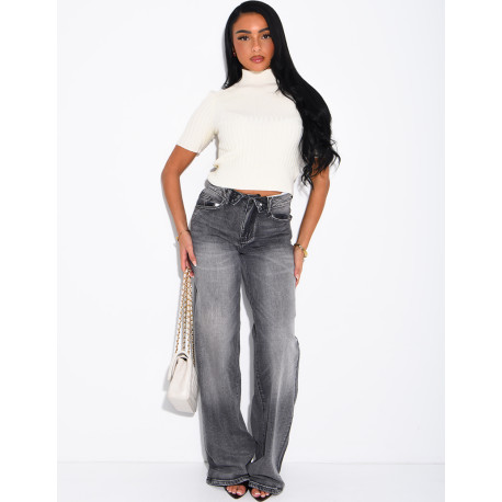 Jeans wide leg délavé à revers à la taille