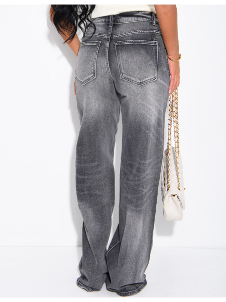 Jeans wide leg délavé à revers à la taille