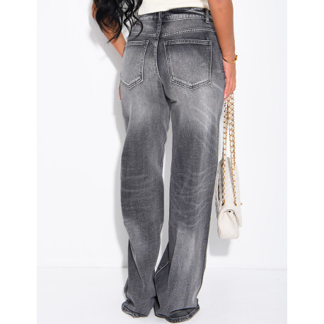 Jeans wide leg délavé à revers à la taille