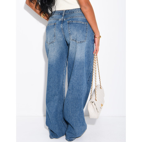 Jeans taille basse délavé coupe large