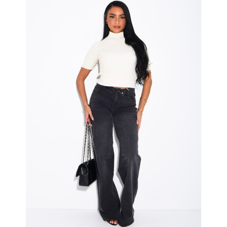 Faded wide-leg jeans with a turn-up at the waist