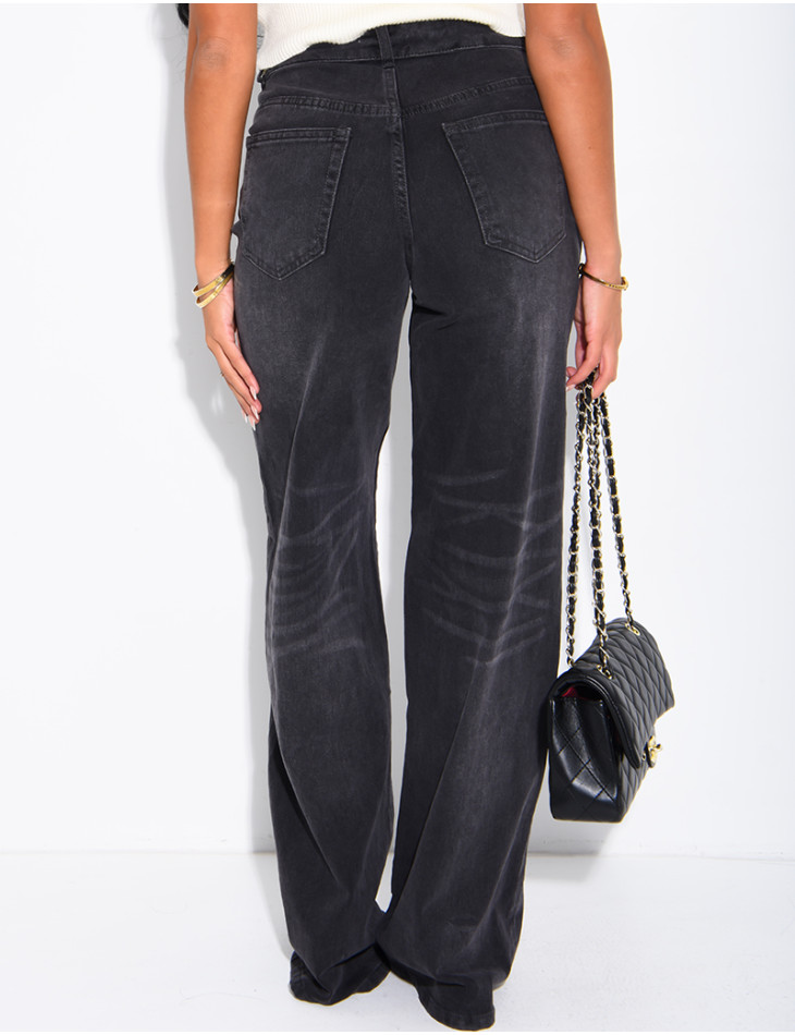 Faded wide-leg jeans with a turn-up at the waist