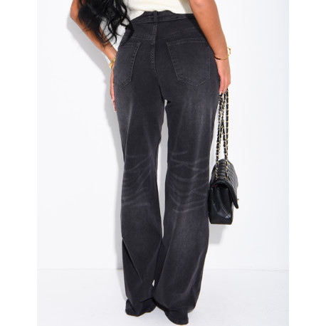 Faded wide-leg jeans with a turn-up at the waist