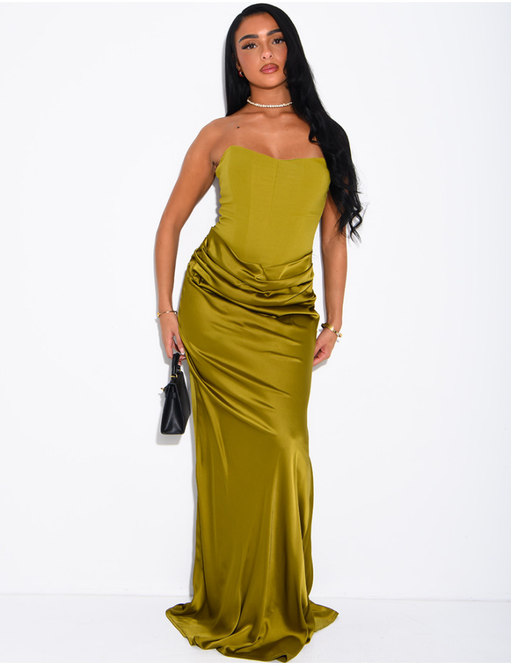 Robe bustier à empiècement en satin drapé