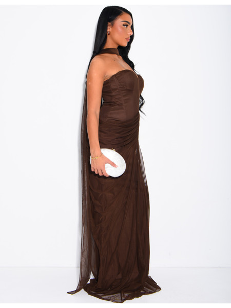 Robe longue bustier en tulle drapée et châle assortie