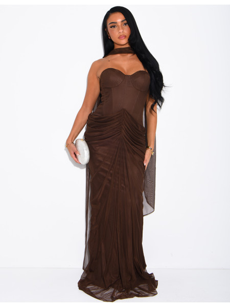 Robe longue bustier en tulle drapée et châle assortie