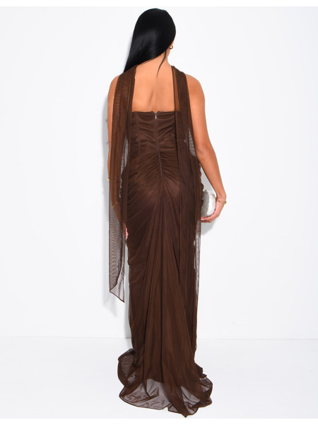 Robe longue bustier en tulle drapée et châle assortie