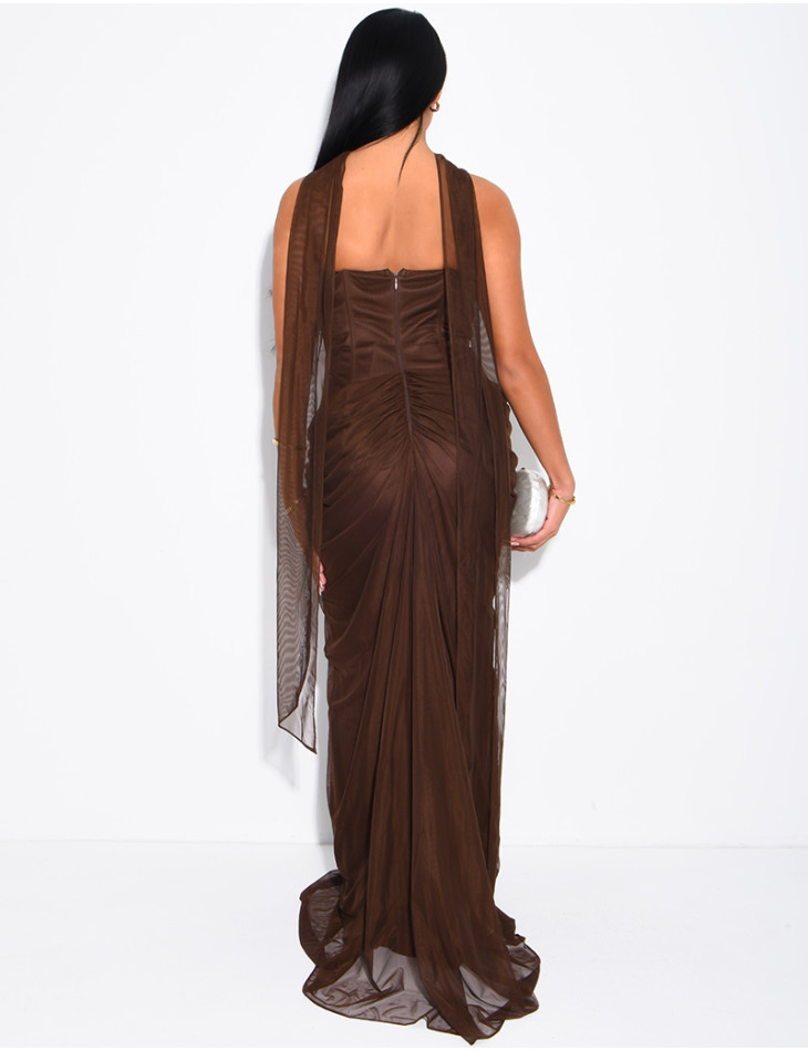 Robe longue bustier en tulle drapée et châle assortie