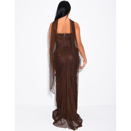 Robe longue bustier en tulle drapée et châle assortie