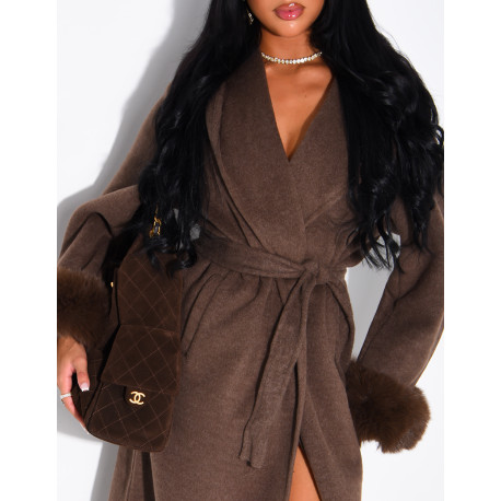 Manteau très long en laine à fourrure aux poignets