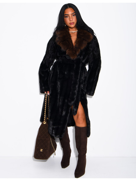 Premium faux fur long coat with belt