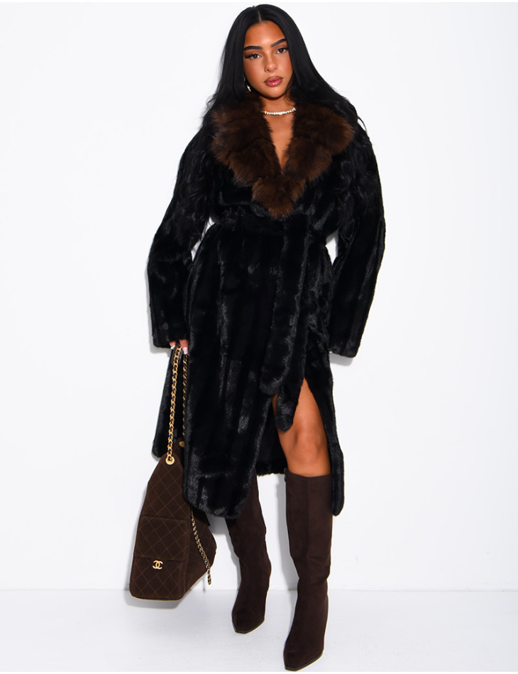 Premium faux fur long coat with belt
