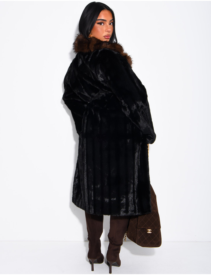 Premium faux fur long coat with belt
