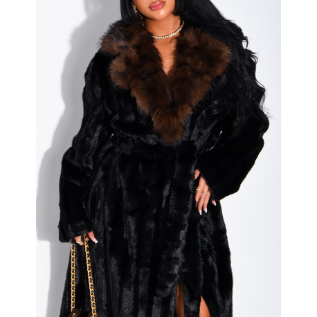 Premium faux fur long coat with belt
