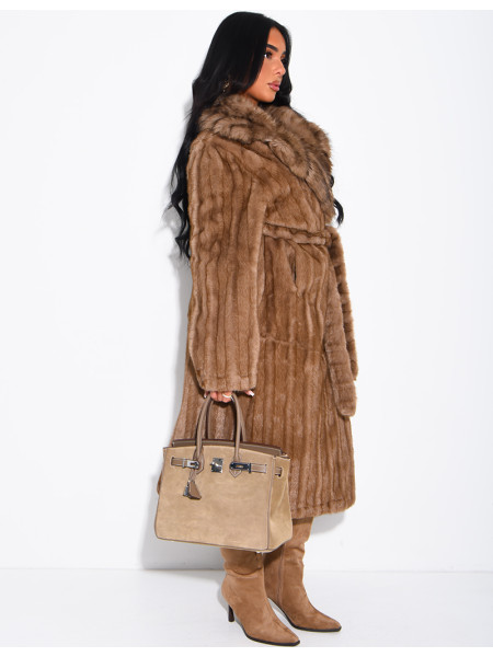 Premium faux fur long coat with belt