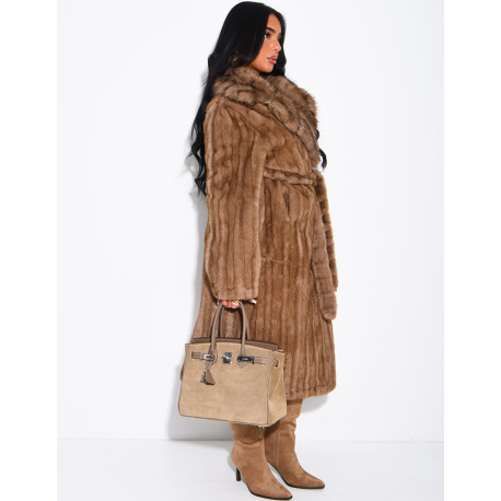 Premium faux fur long coat with belt