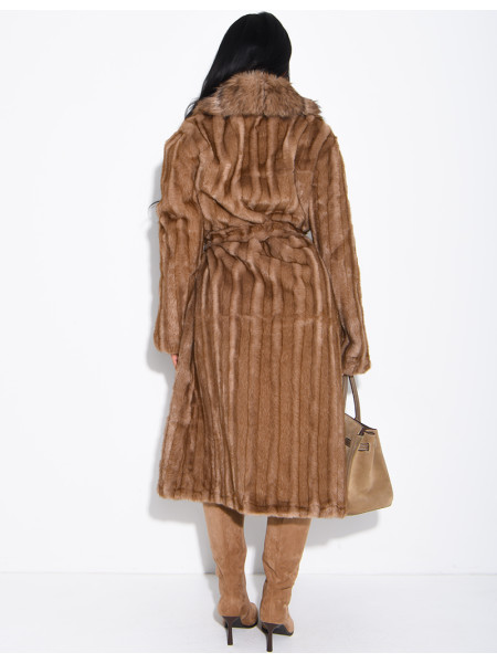 Premium faux fur long coat with belt
