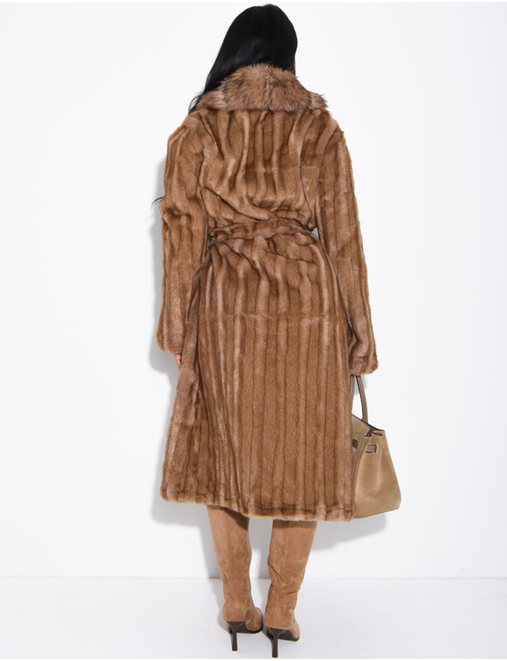 Premium faux fur long coat with belt