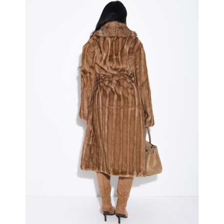 Premium faux fur long coat with belt
