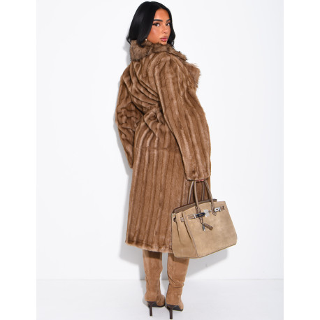 Premium faux fur long coat with belt